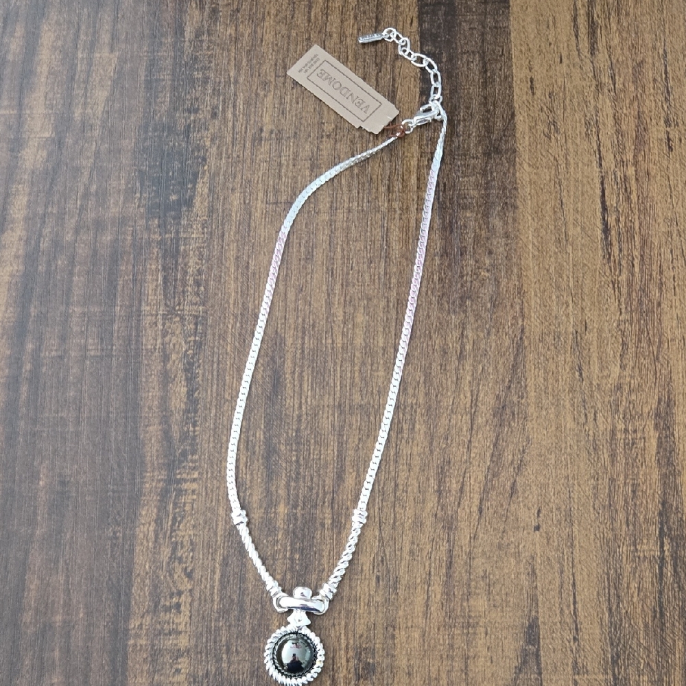 Vendome Signed Silver Tone Necklace with Black Pendant 17 Inches New Old Stock